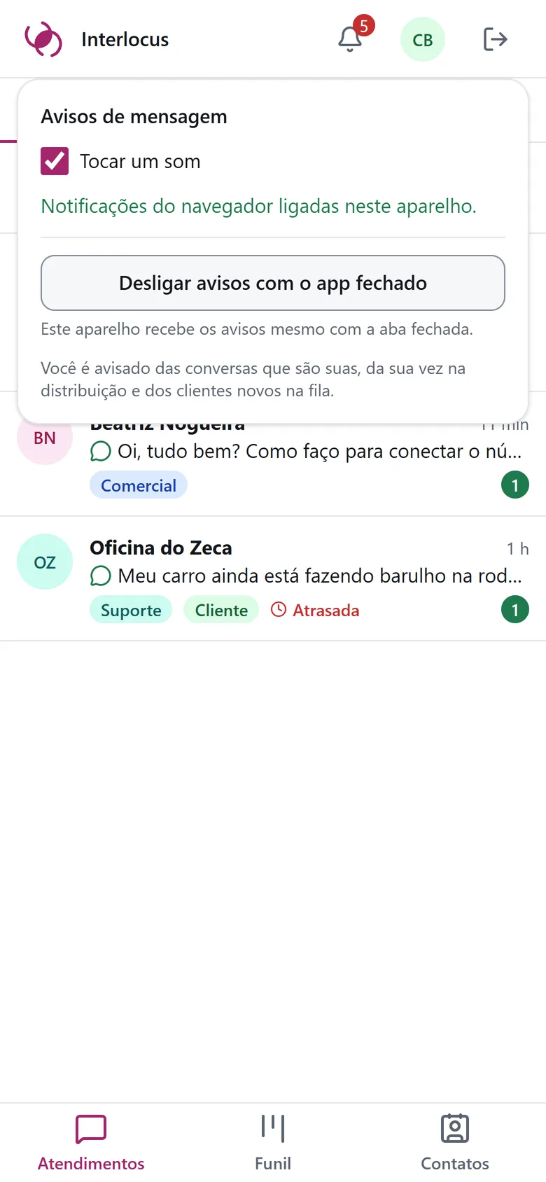 Painel de avisos do Interlocus no celular, com os avisos com o app fechado ligados.